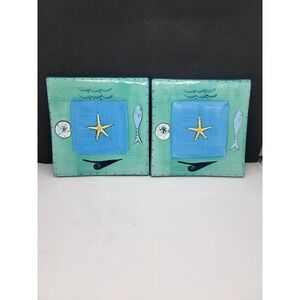 Two KIC Brushes Hand Painted Blue Green Beach Fish Starfish 6" Tile Trivet